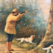 Tableau Peinture Huile Panneau HSP EDWARD WEBB Chasse Cour Chien Forêt