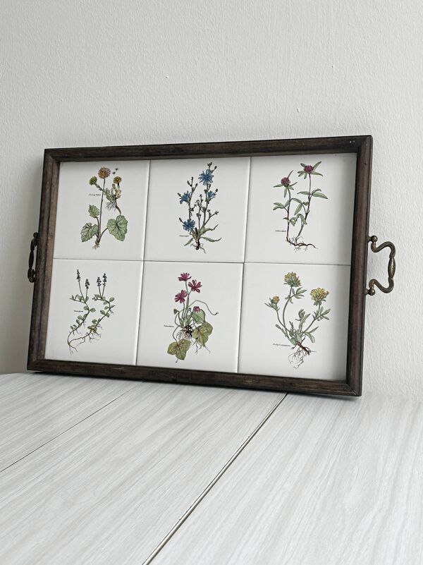 Plateau ancien en bois et carreaux floraux