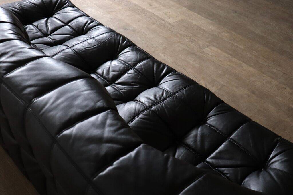 Kashima three seater sofa in black leather by Michel Ducaroy for Ligne Roset, 1970s