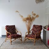 Set of 2 vintage armchairs 90s bamboo, with kilim cushions handmade on mesu
