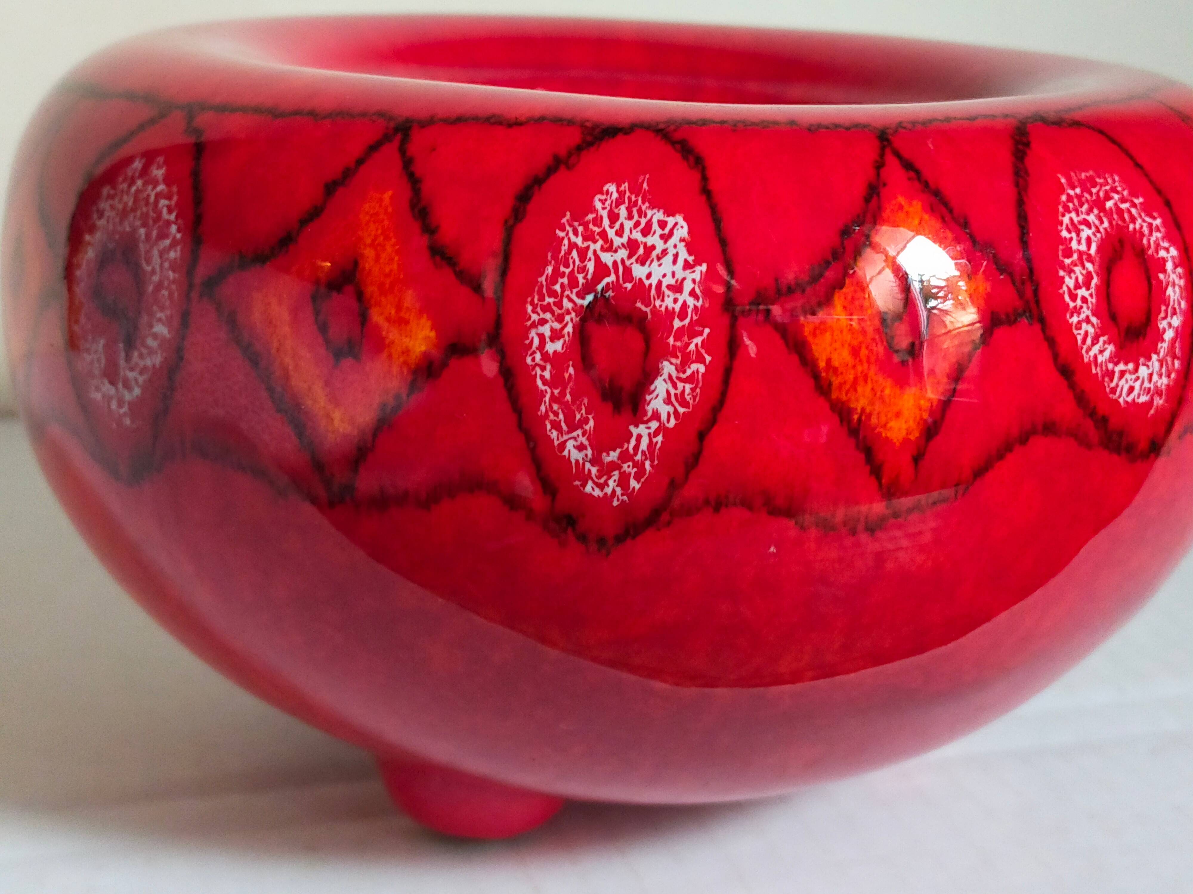 Vintage bright red enamel ceramic tripod vase