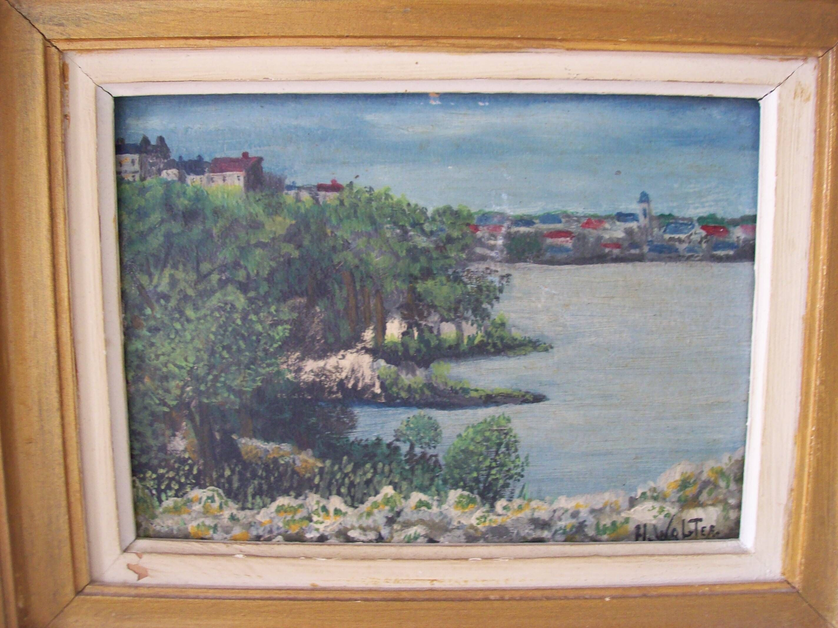 Old oil on cardboard of a marine and coastal landscape signed H. Walter.