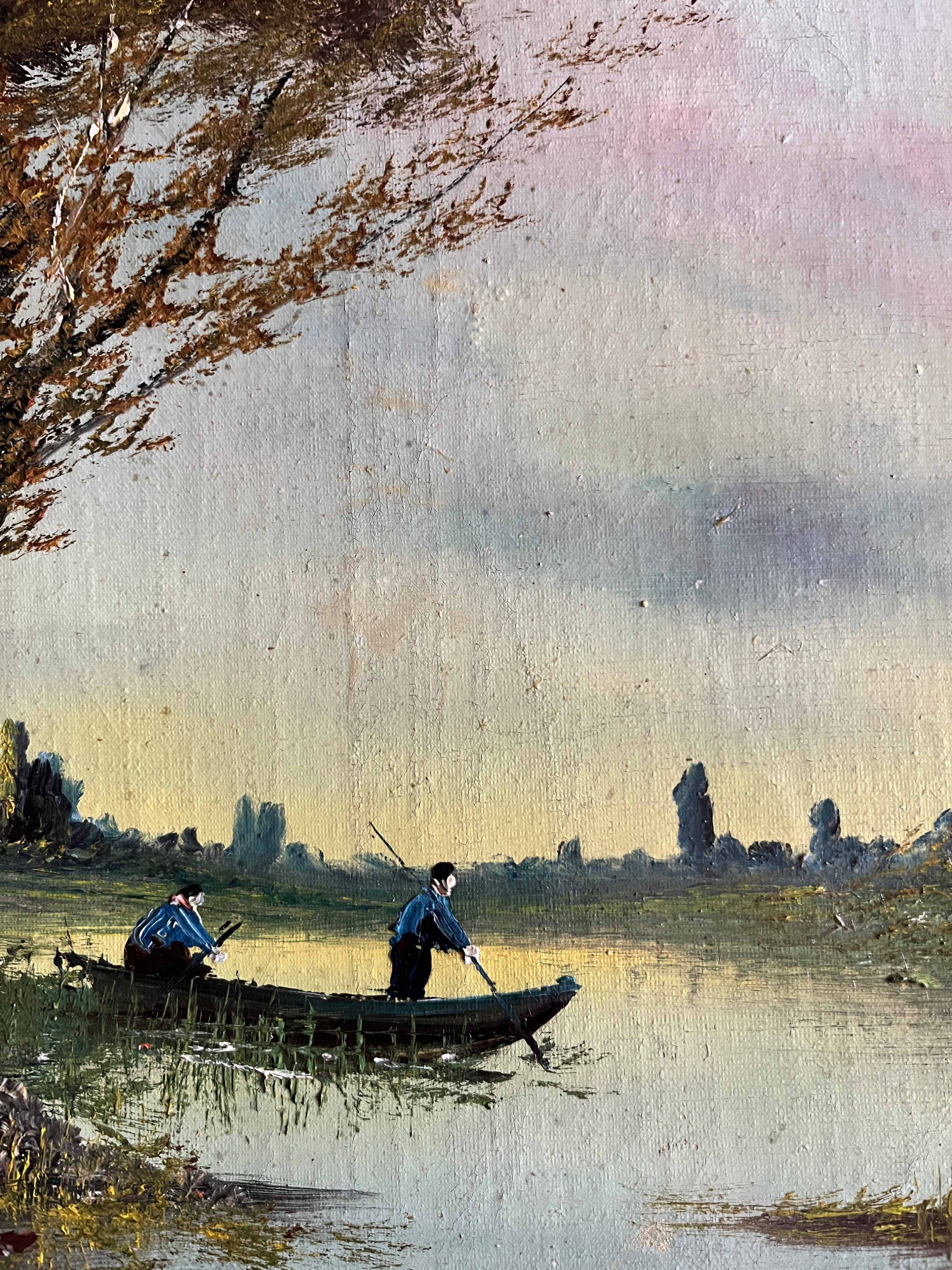 HST painting "Landscape with fishermen" 1898 signed Lion + frame