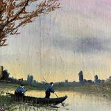 HST painting "Landscape with fishermen" 1898 signed Lion + frame