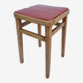 Tabouret vintage bois et assise skai rouge