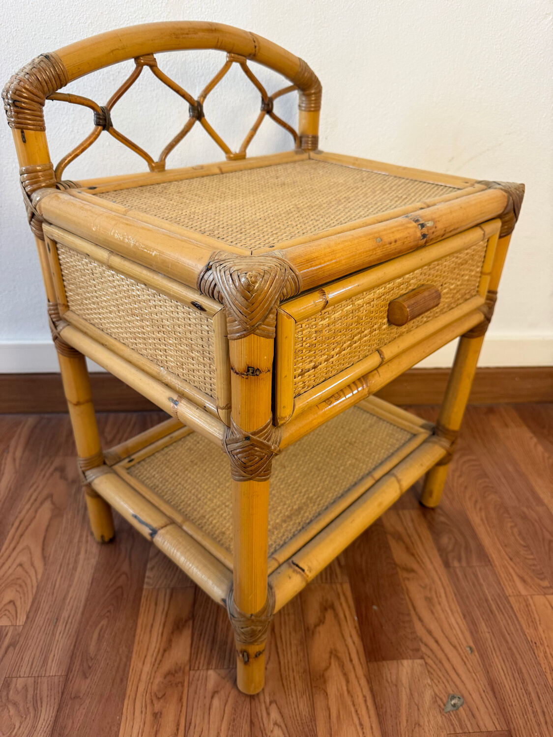 Pair of 1960s rattan bedside tables from France
