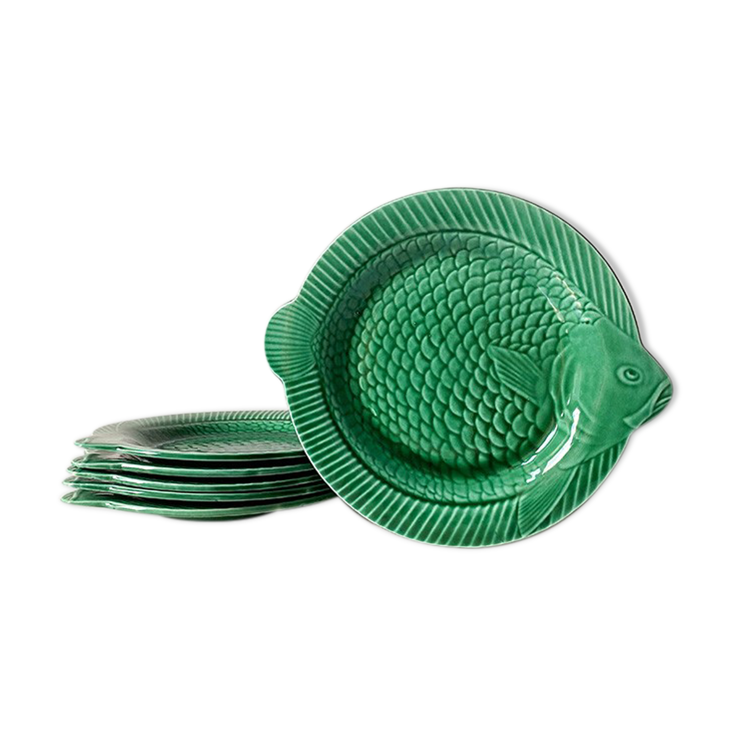 Set of 6 flat plates green fish