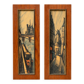 Set of 2 vintage paintings – Views of Paris – Wooden frames