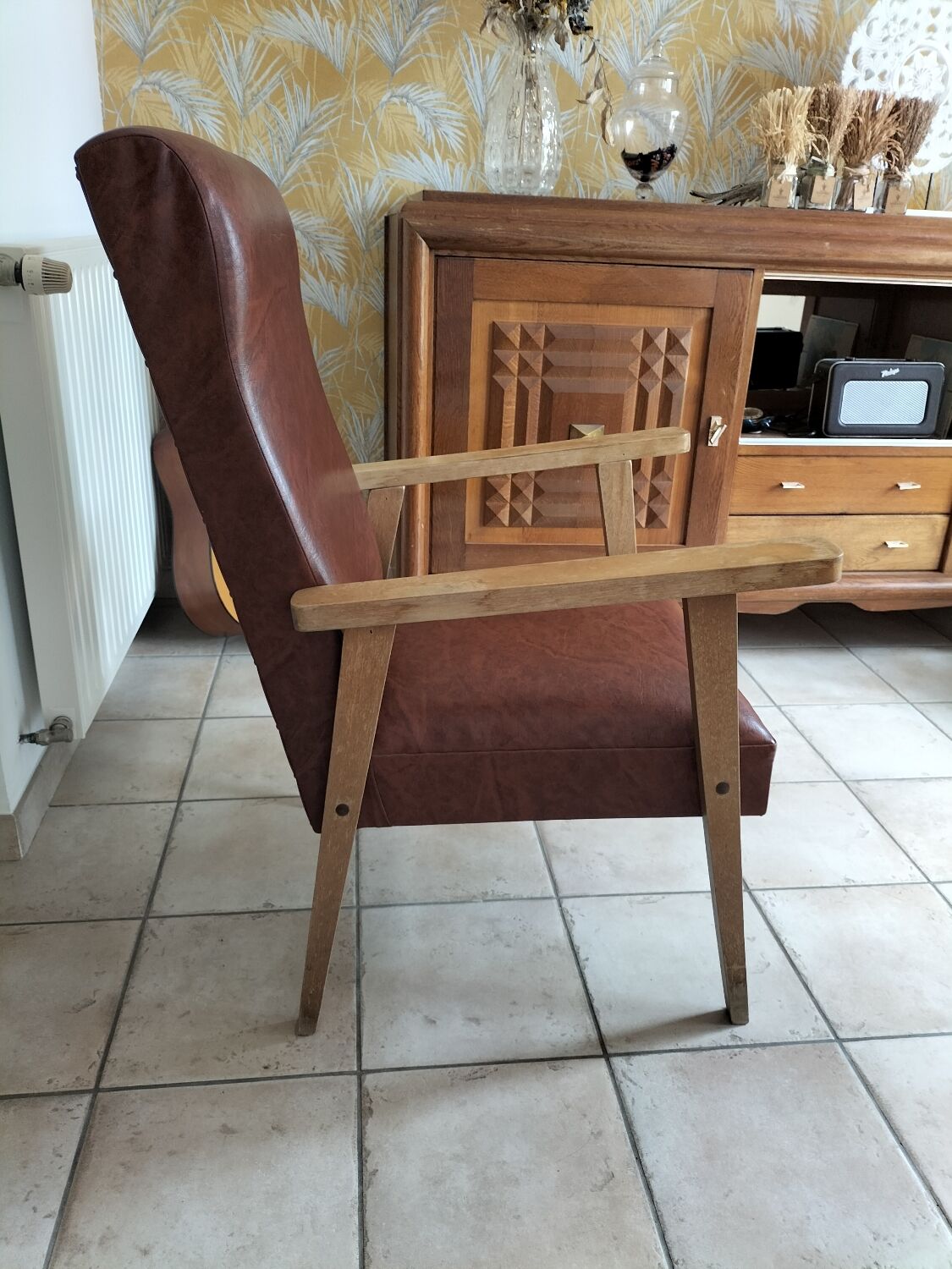 Wood armchair and imitation leather