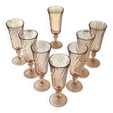 Champagne flutes pink set of 8, French swirl glass stemware rosaline