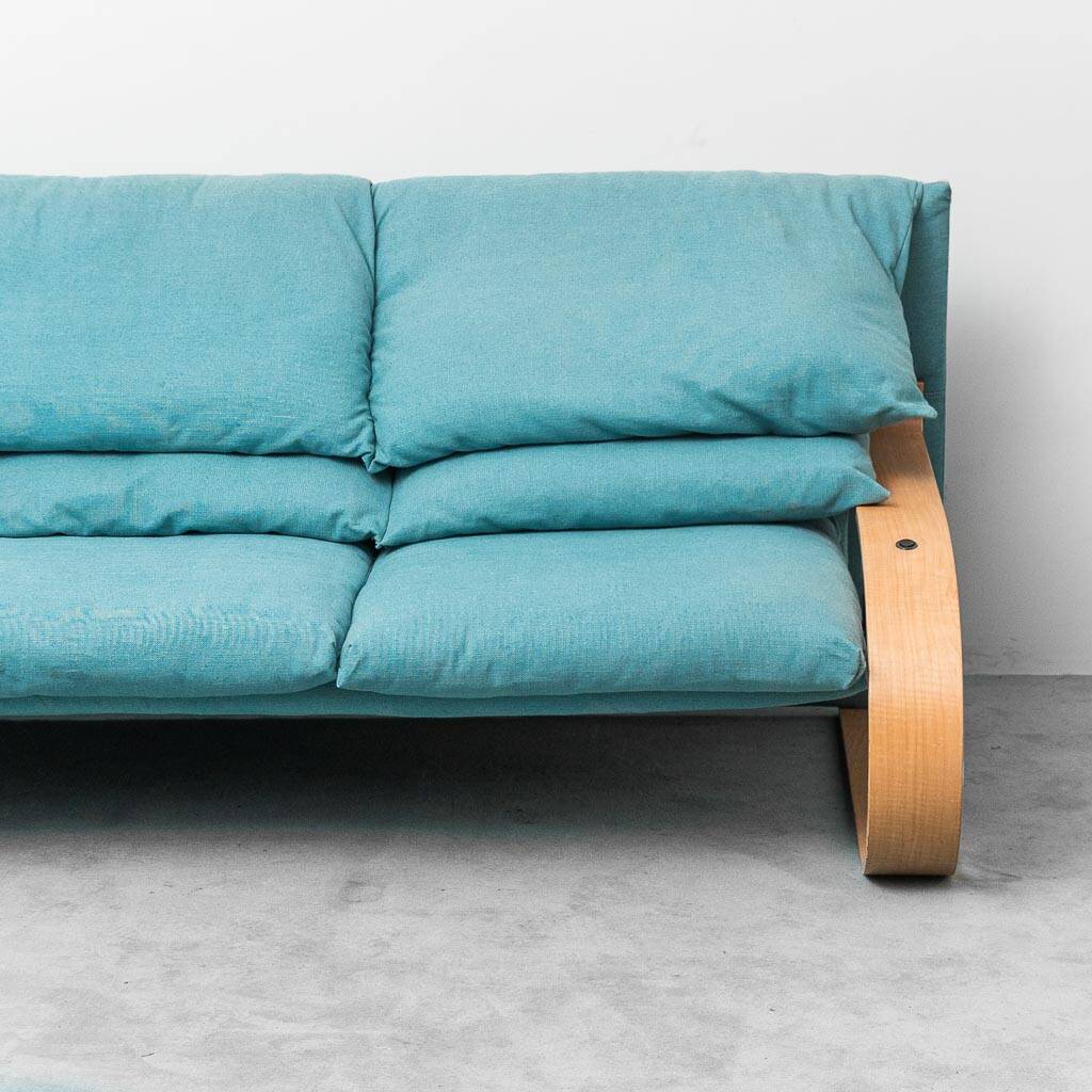 3-seater fabric sofa in Alvar Aalto style, bent wood, 1970s vintage modernism