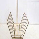 Mid-century openwork magazine rack, in gold metal & wooden handle.