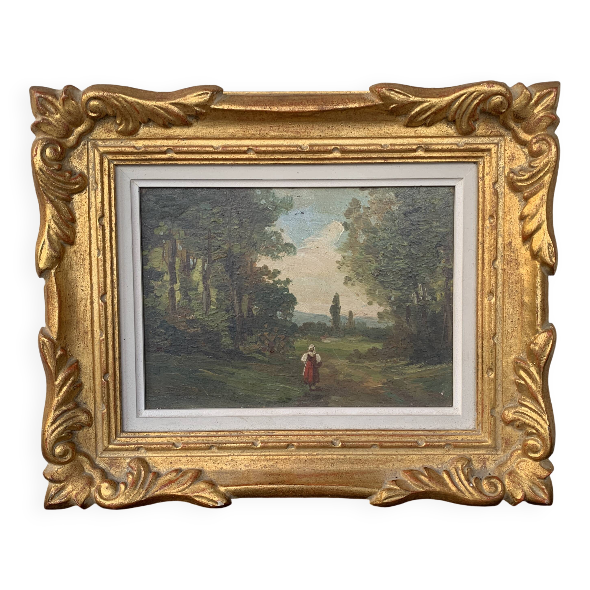 Tableau Ecole française XIXème huile sur panneau femme en sous bois Cadre ancien