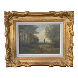 Tableau Ecole française XIXème huile sur panneau femme en sous bois Cadre ancien