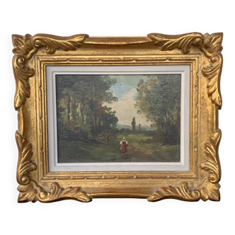 Painting French school 19th century oil on panel woman in undergrowth Old frame