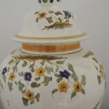 Table lamp with wooden base and fringed shade