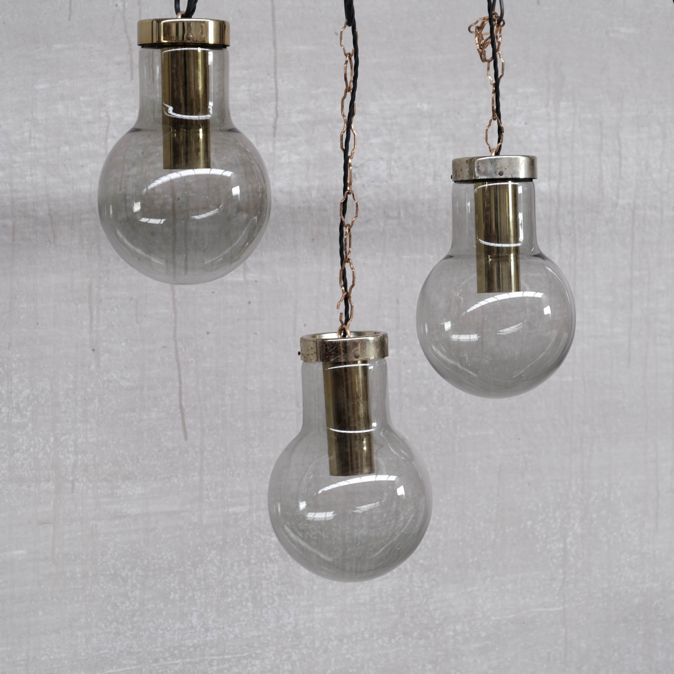 Smoked mid-century glass and brass pendant light by raak