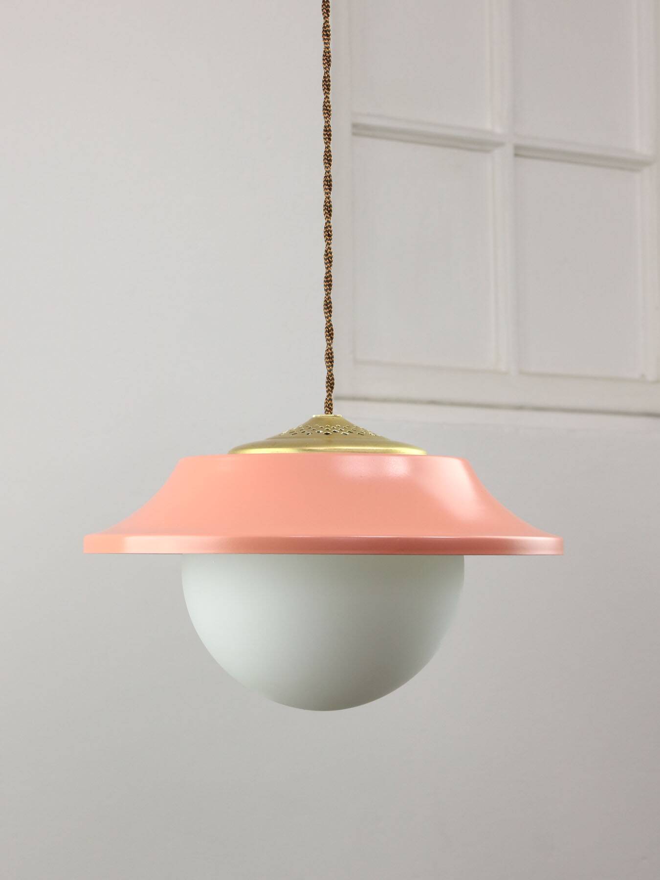 Mid-Century Italian Pink Metal and Brass Pendant Lamp