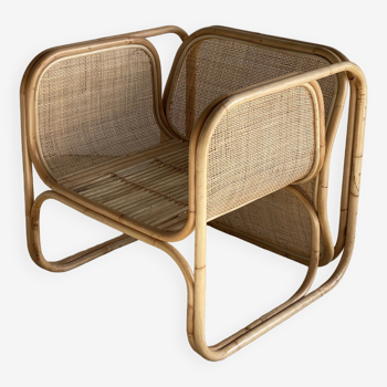 Amsterdam rattan armchair with U-shaped armrest, squared canework