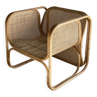 Amsterdam rattan armchair with U-shaped armrest, squared canework