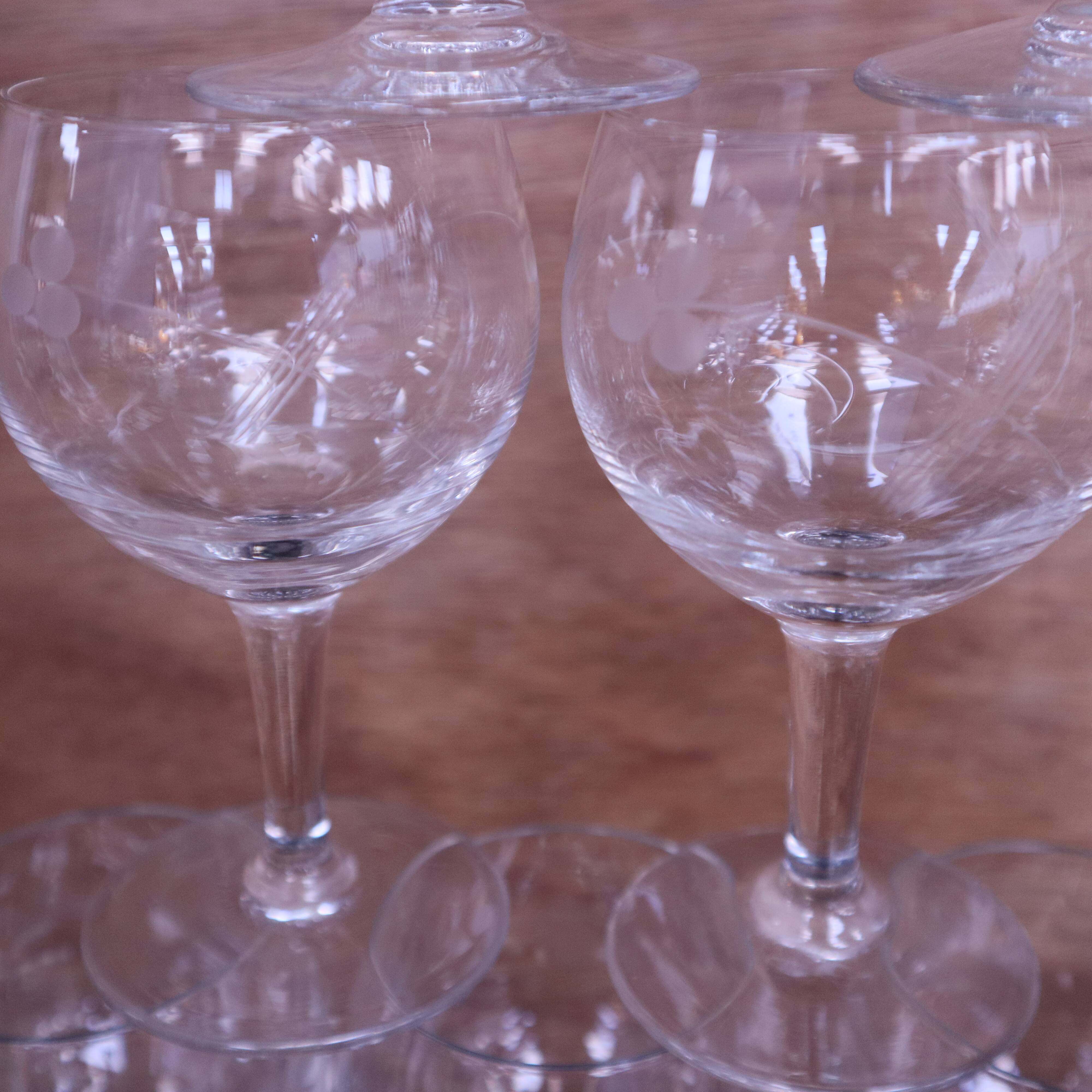 Set of 9 engraved vintage floral balloon white wine glasses.