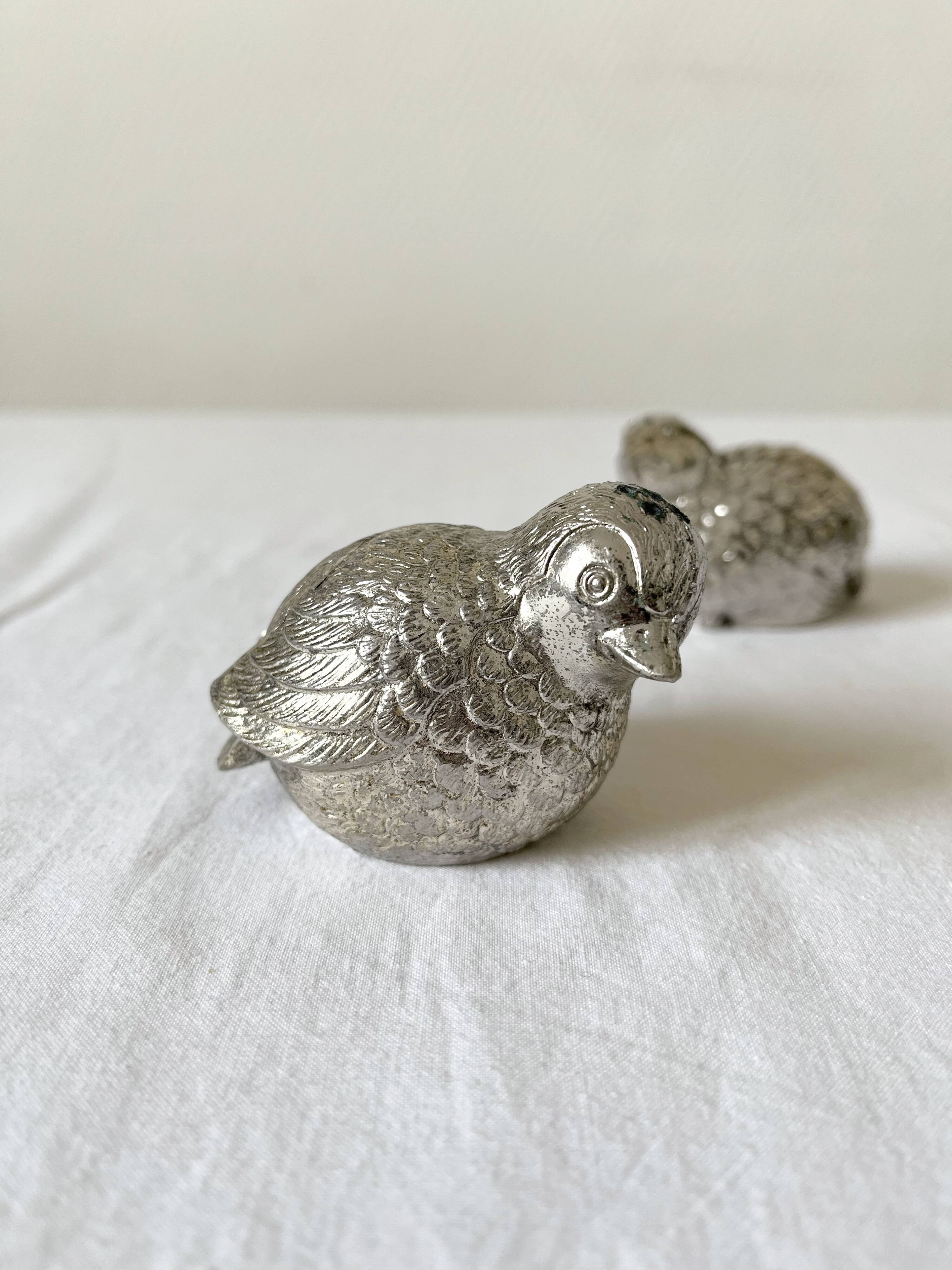 Salière et poivrière en métal argenté oiseaux vintage