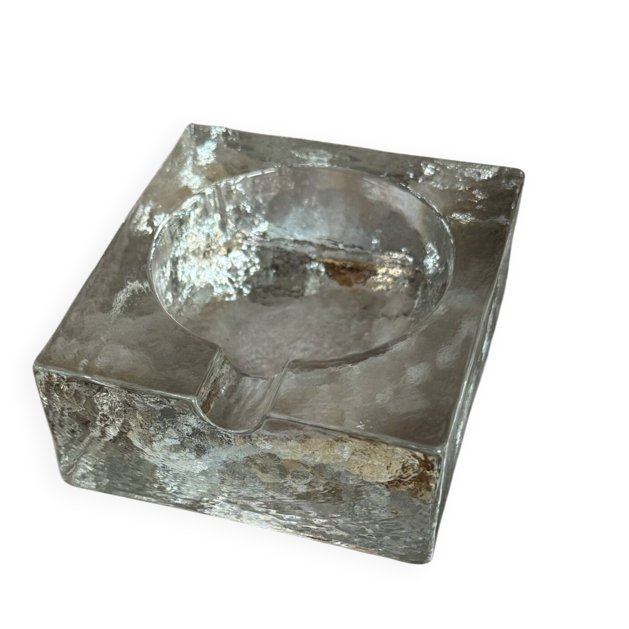 Scandinavian brutalist glass ashtray, minimalist design, 70s