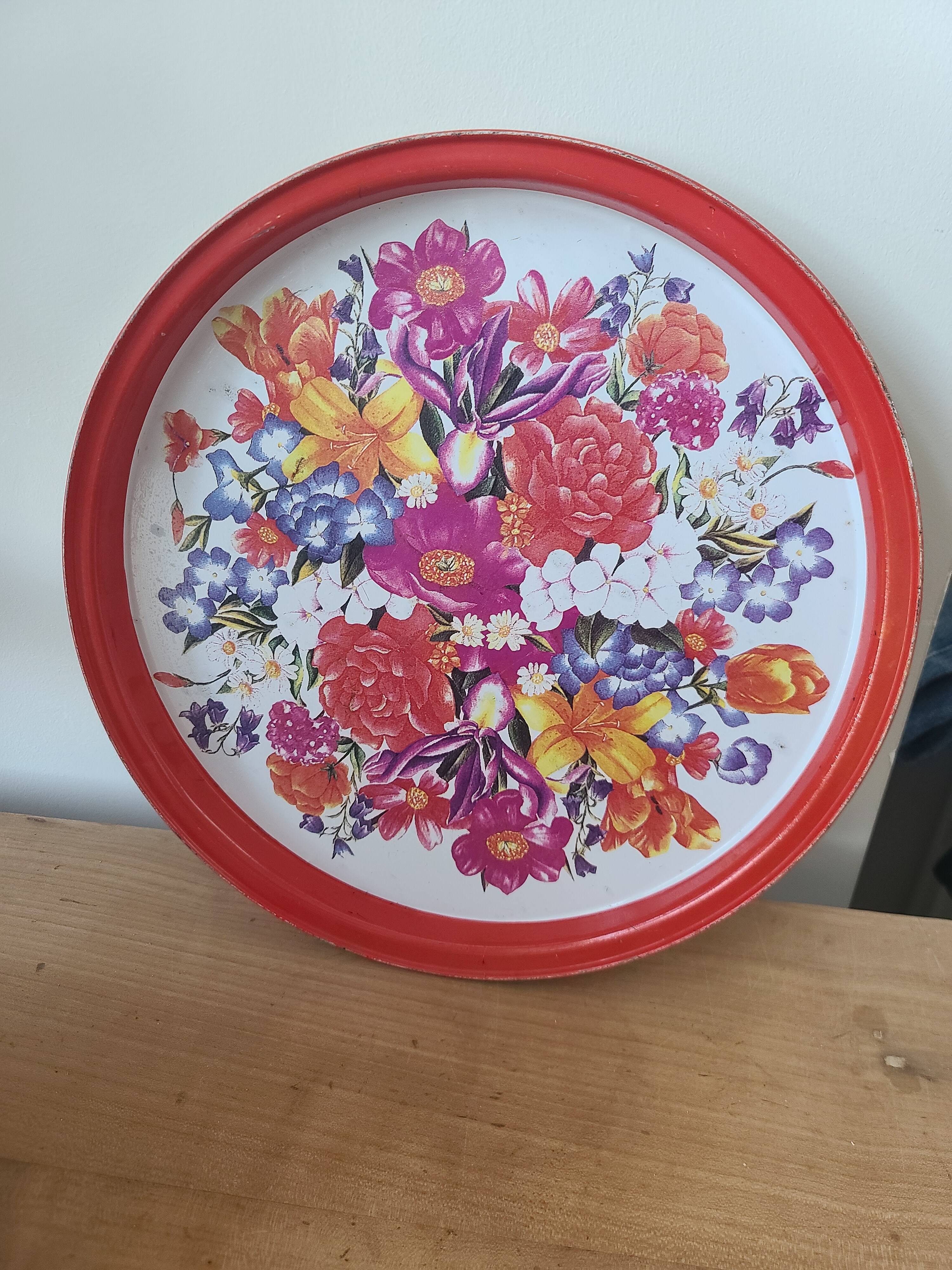 Vintage Metal Tray with Vibrant Floral Pattern