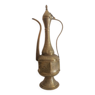 Old oriental brass ewer. Calligraphy. Carafe.