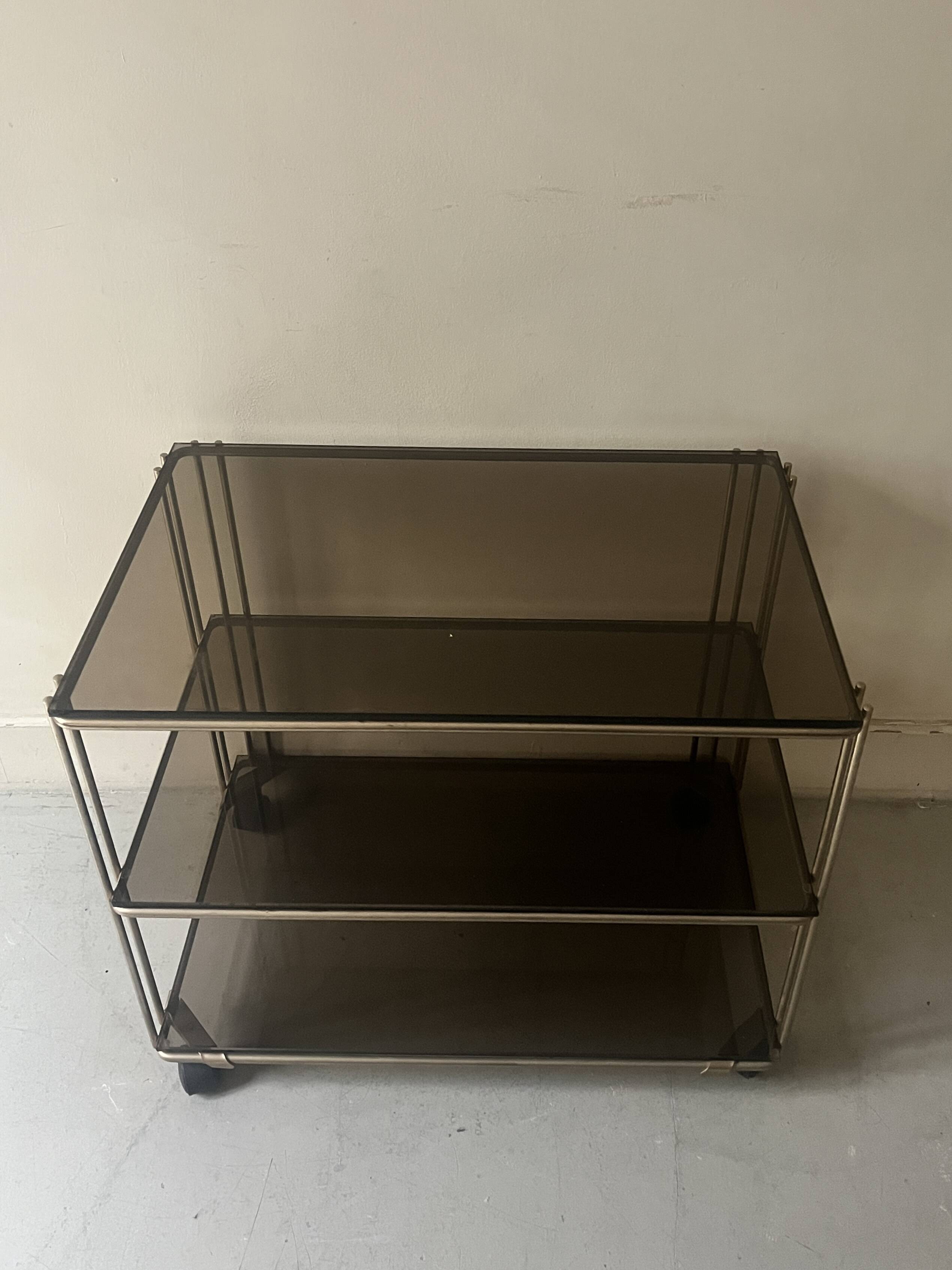 Smoked glass and brass hi-fi/TV stand, circa 1970