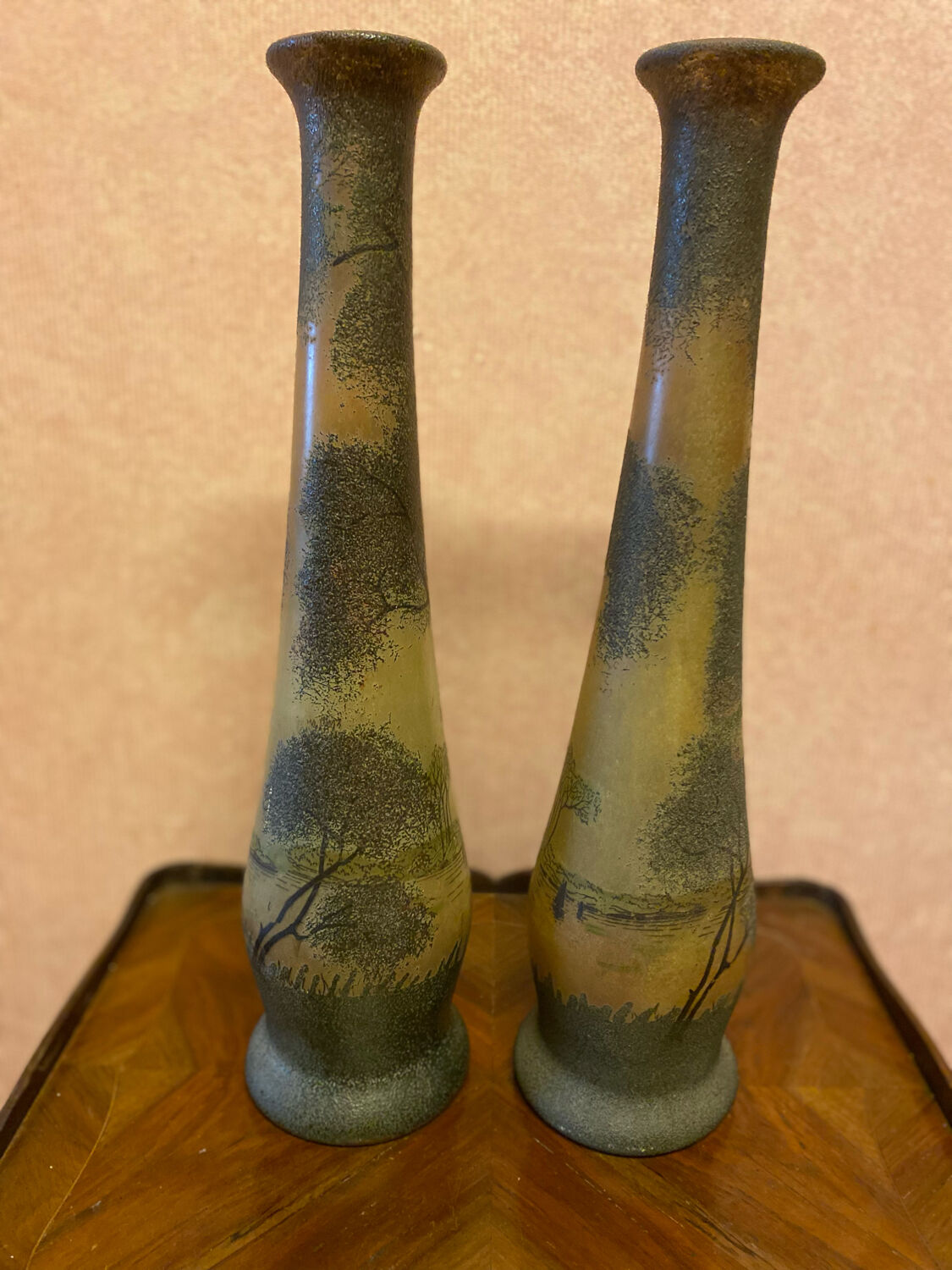 Pair of frosted glass vases, lake scene