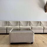 Vintage modular sofa, five armchairs and coffee table, beige wool