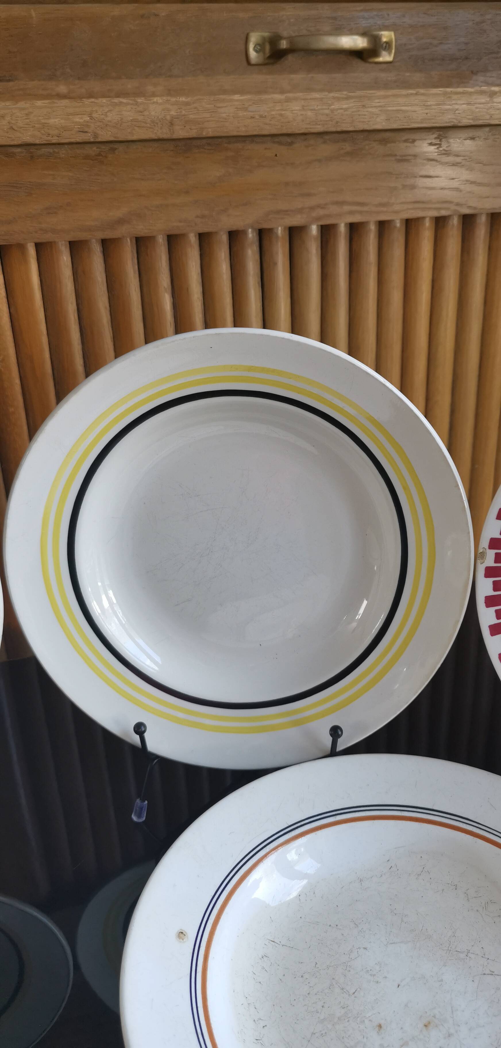 6 old plates mismatched geometric patterns Moulin des Loups, St Amand