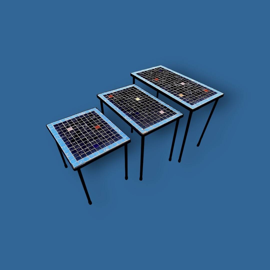 Trio of vintage nesting tables in mosaic and wrought iron