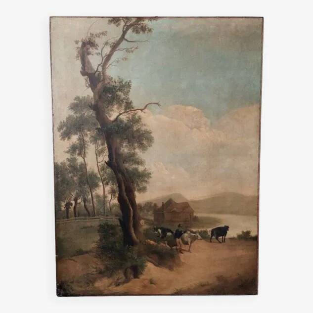 Large oil painting on canvas 2 m x 1.50 m - animated landscape - Charles Louis Verboeckhoven