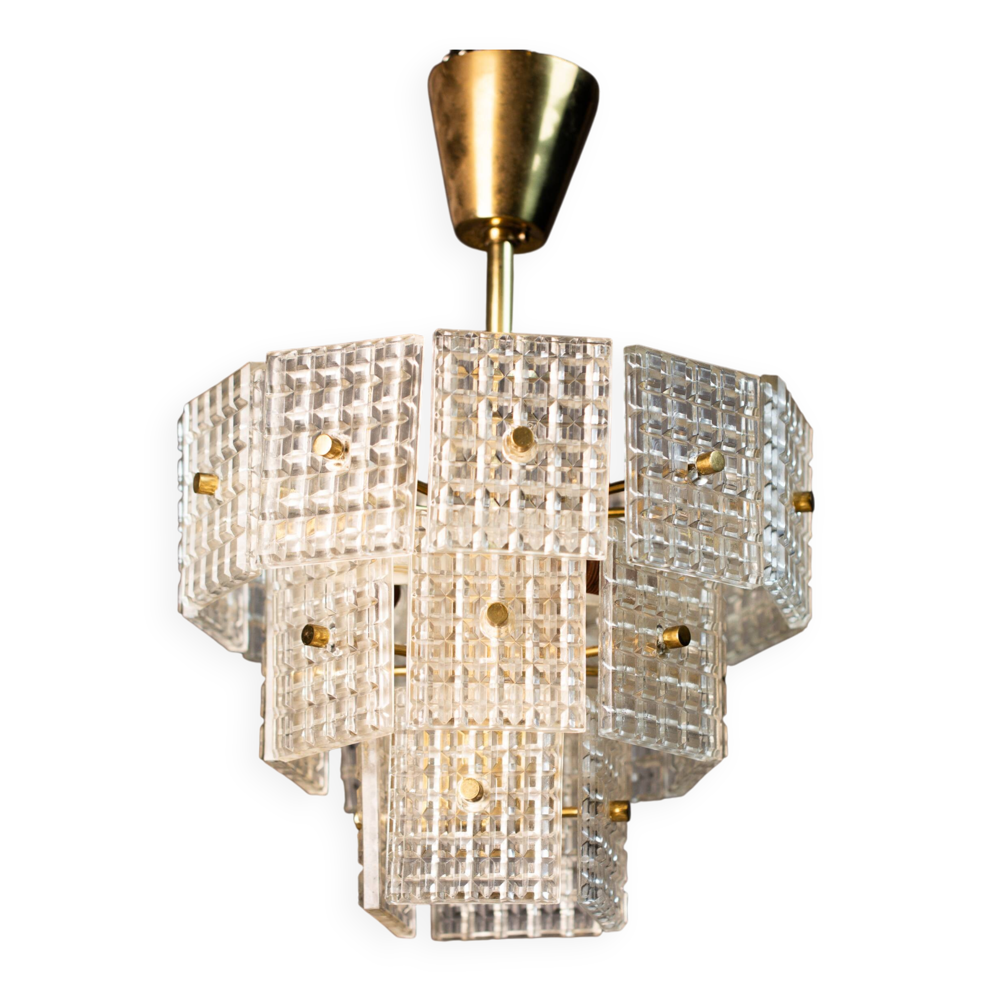 Vintage Embossed Glass Chandelier: 1970s Brass Pendant Lamp