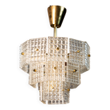 Vintage Embossed Glass Chandelier: 1970s Brass Pendant Lamp