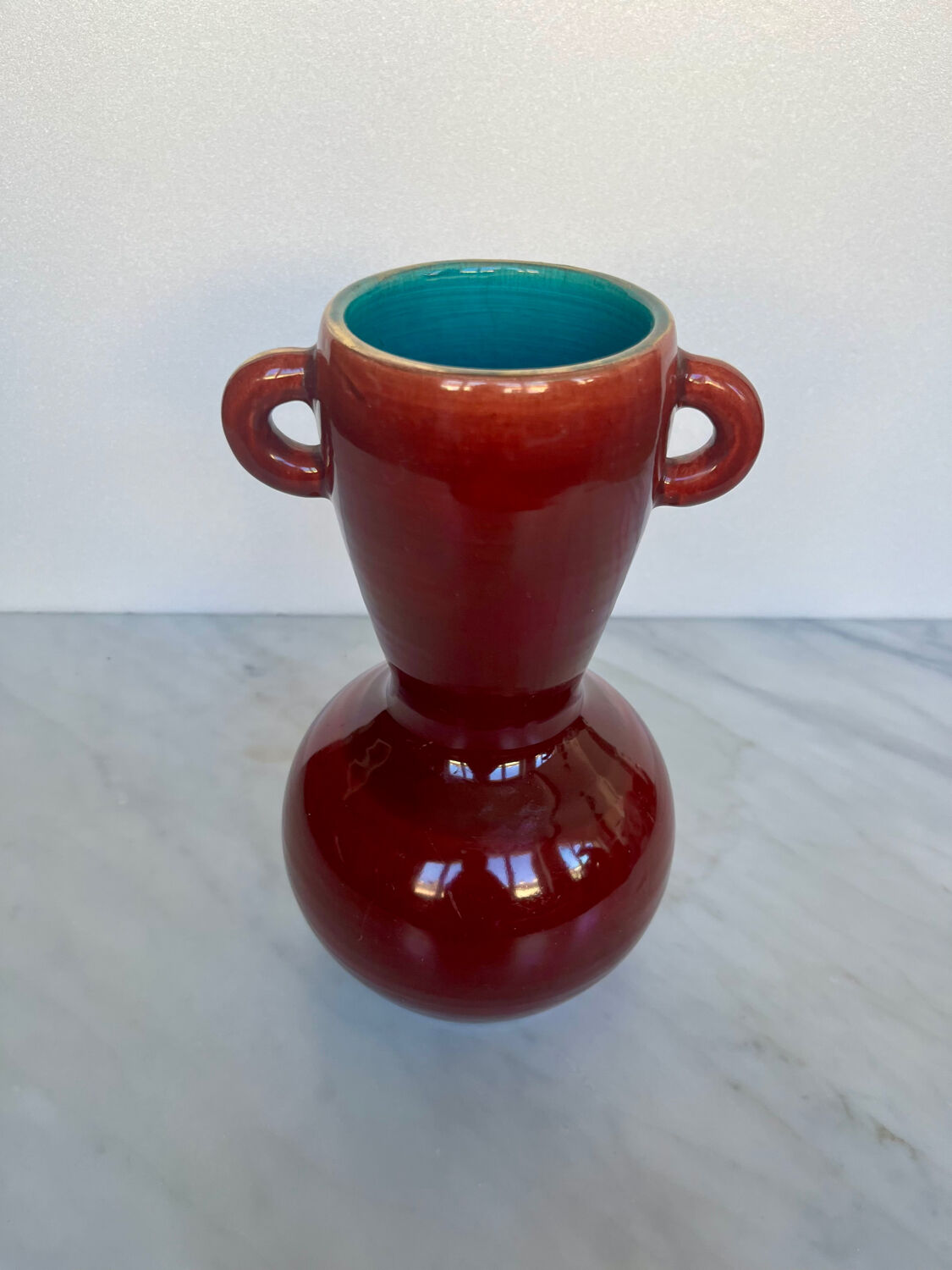 Vintage Accolay vase in red ceramic, double handle.