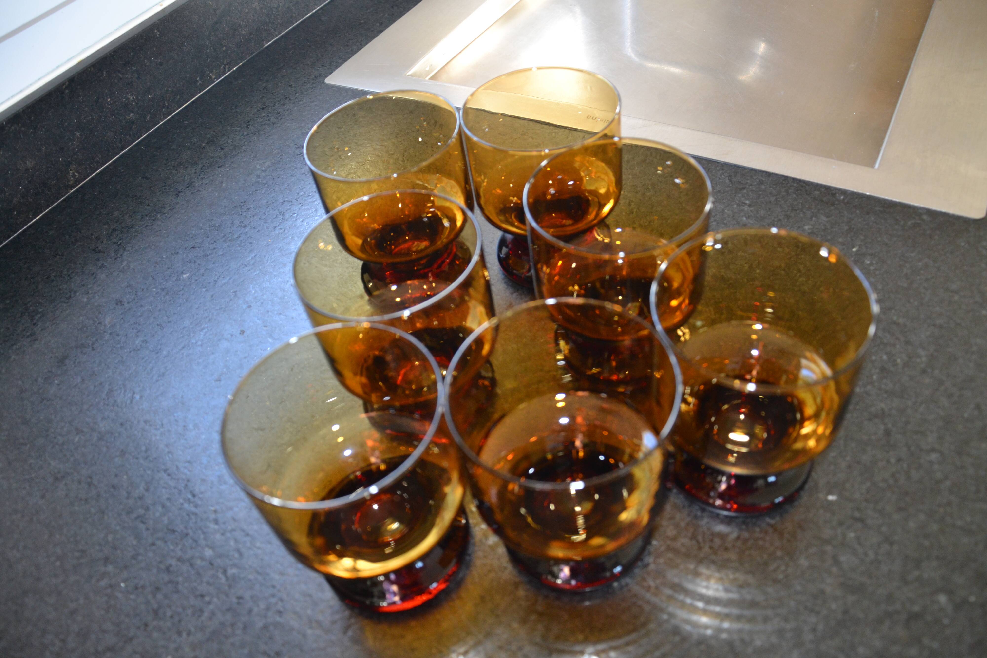 7 Vintage Mouth Blown Amber Stemmed Glasses