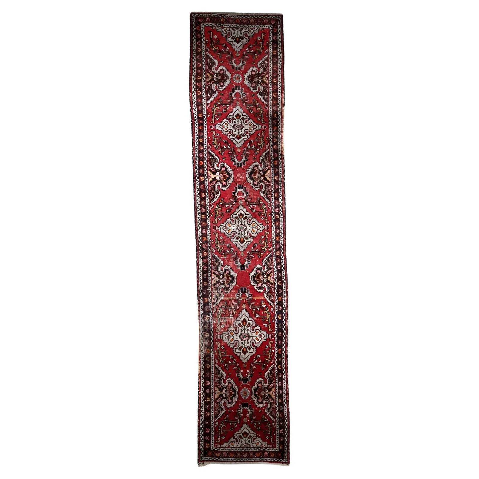 Handmade antique Persian Malayer runner rug 77cm x 382cm, 1920s