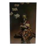 Surrealist painting on panel, “Young Woman with Books”