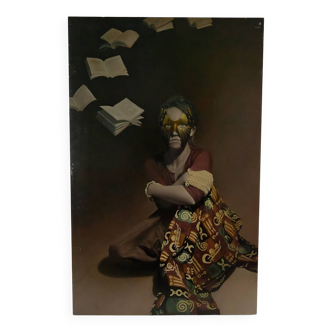 Peinture surréaliste sur panneau, "Jeune Femme aux livres"