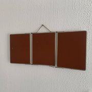 Vintage 1950s triptych barber's mirror, terracotta, hairdresser's tile - 27 x 65 cm