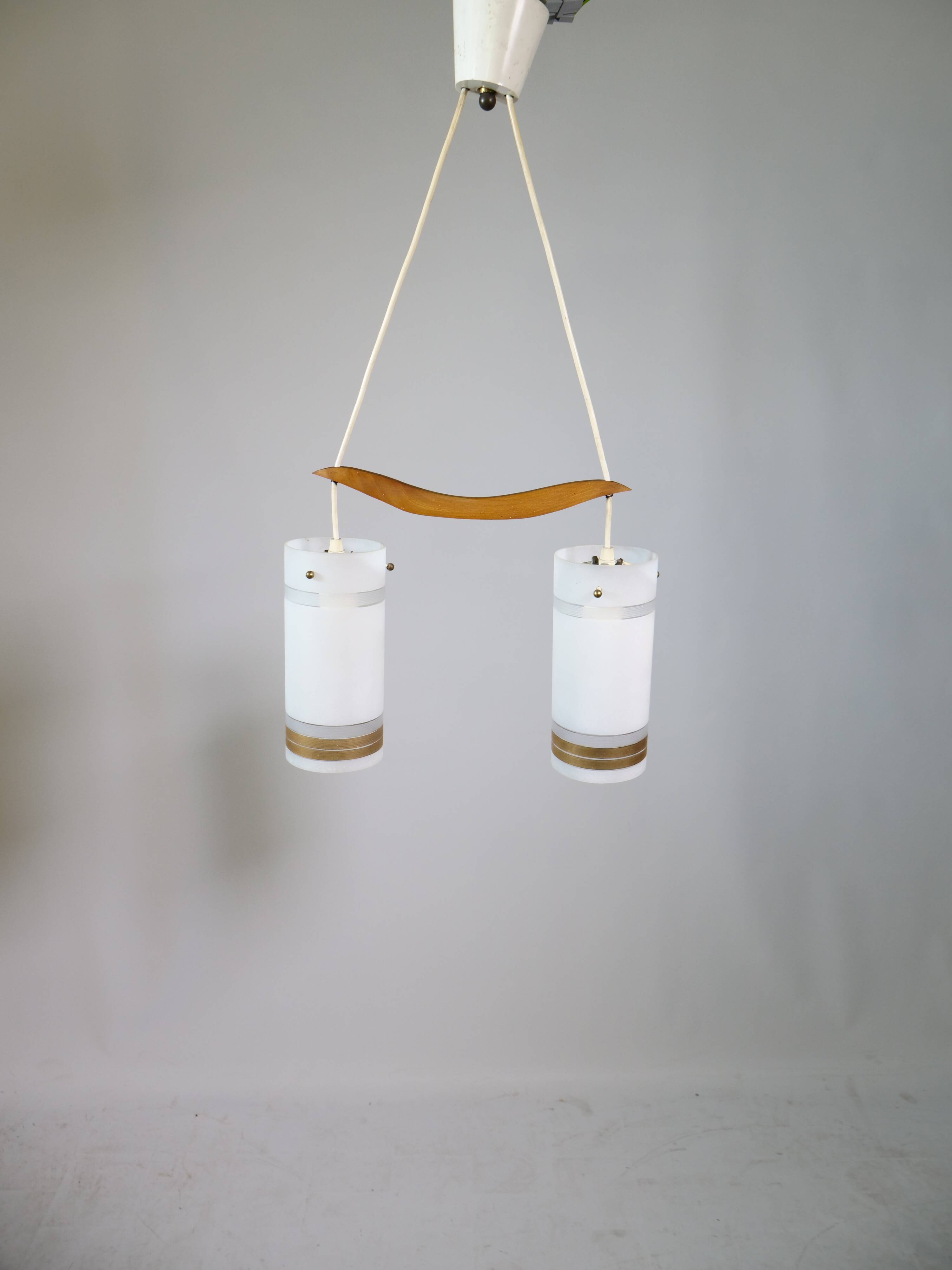Mid-Century Teak and Opaline Glass Pendant Lamp, 1960s