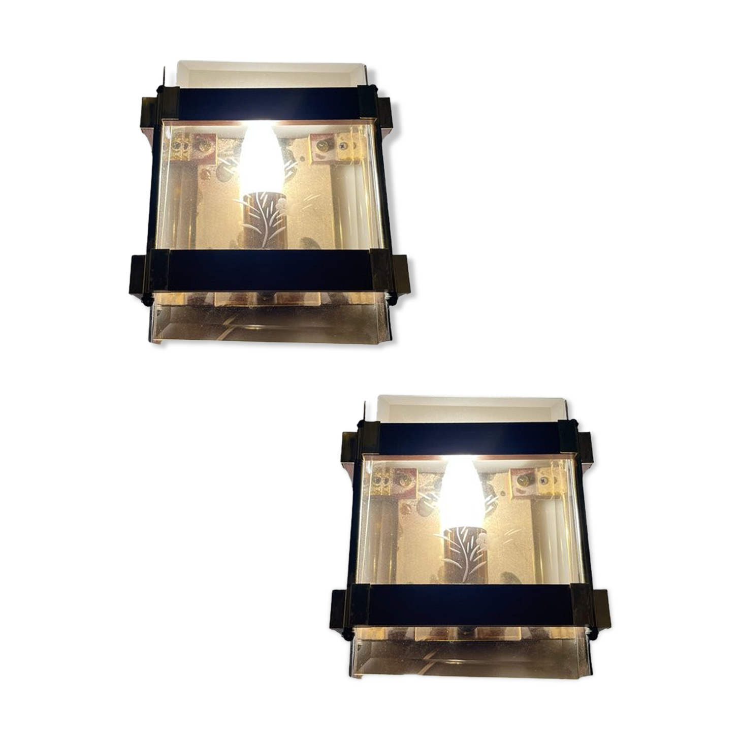Smokey Glass Wooden Brass Sconces, Set of 2