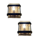 Smokey Glass Wooden Brass Sconces, Set of 2