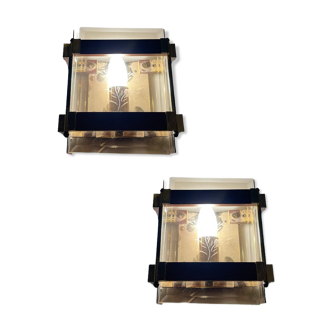 Smokey Glass Wooden Brass Sconces, Set of 2