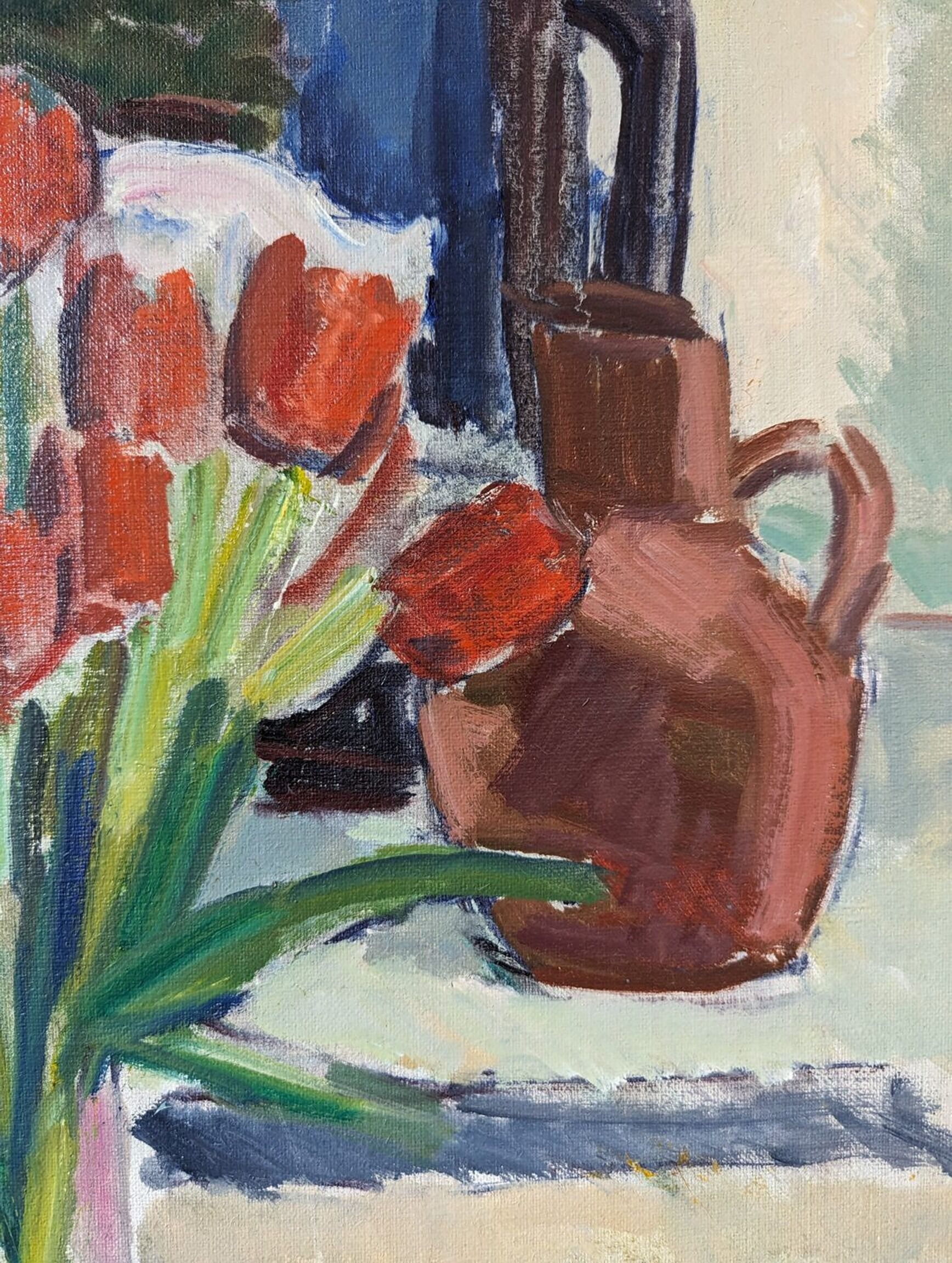 Mid-Century Modern "Window Red Tulips", Swedish Interior Still Life Oil Painting, Framed