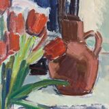 Mid-Century Modern "Window Red Tulips", Swedish Interior Still Life Oil Painting, Framed