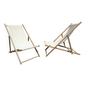 Paire de chaises longues transat à rayures vintage